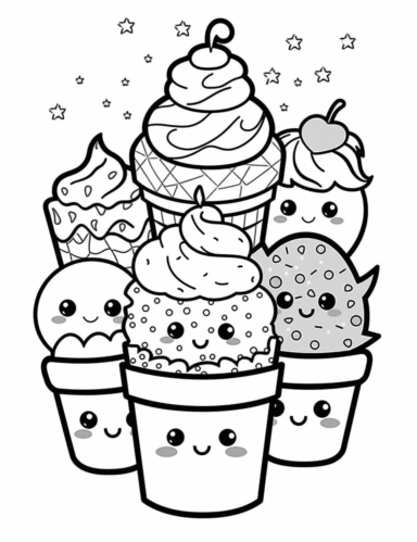 Kawaii Cake Icecream with delightful designs and flavors, like blueberry, chocolate chip, and banana For Simple Coloring page,line art, thick lines, black and white,clipart, illustration, on white background,margin Page 10px