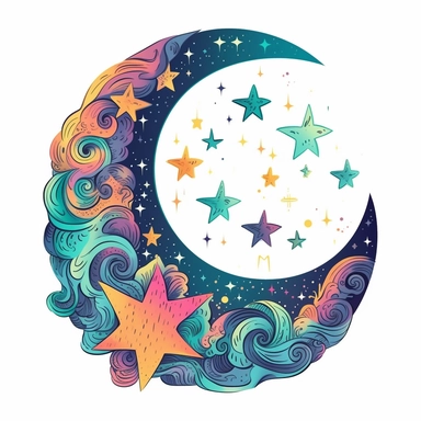 Embark on a creative journey inspired by the mystical allure of the crescent moon and stars. Dive into the world of clip art creation, infusing it with a touch of the hippie spirit. Your goal is to design a captivating clip art image that embodies the free-spirited vibes and enchanting energy associated with the celestial wonders. Imagine a crescent moon gracefully adorned with intricate patterns and details, radiating a sense of peace and harmony. Let its gentle curve and ethereal glow captivat