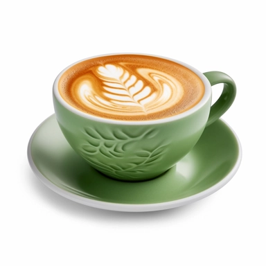 Side view of hot latte coffee with latte art in a green cup and saucer isolated on white background with clipping path inside