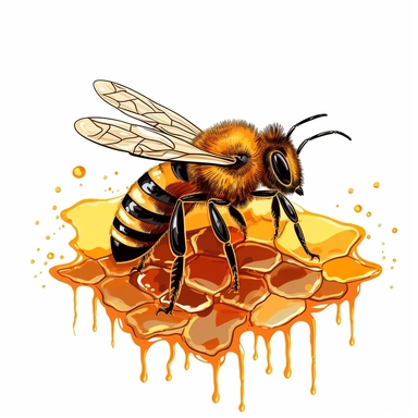 single honey bee on honey hive, vector clipart, saturated colors, isolated on white background, uhd, sharp detail