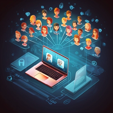 2d clipart of a laptop opened with the screen serving as the board for the teacher and the keyboard serving as the seats for the students with a small wifi symbol on the students heads showing the true definition of Online teaching