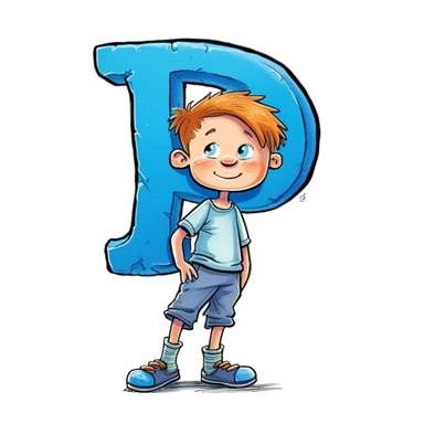 clipart style blue letter P with black line, with arms, legs and friendly cute face for children, isolated, white background,