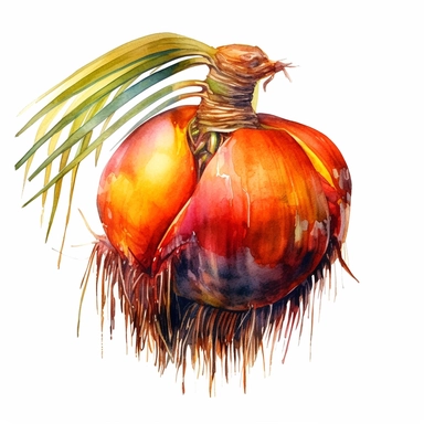 A captivating watercolor illustration of a Palm fruit, delicately painted with vibrant pigments and intricate brushstrokes. The fruit's unique shape, textured skin, and intriguing colors are beautifully depicted, creating a visually appealing composition. The Palm fruit takes center stage in the illustration, with its distinct features and natural beauty showcased against a clean white background. This artwork celebrates the charm and exotic nature of the Palm fruit, inviting the viewer to explo