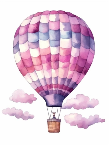 watercolor clipart with white background, hotair balloon with pink and purple pattern floating in the couds, flat design, clearly defined separated image, high quality