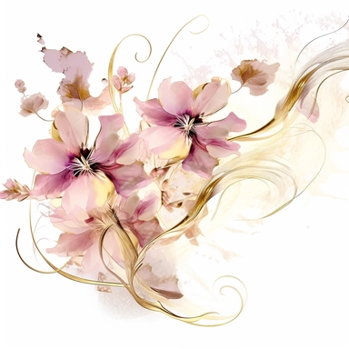 clipart, white background, mystical palest pink flowers, white background, swirling magical gold alcohol inks in the foreground, clip art
