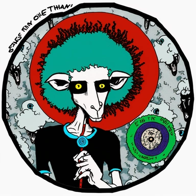 sheep designer, Basil Wolverton, Dungeons & Dragons, handpainted punk zine fashion poster, clipart illustration, circle white background, circle border
