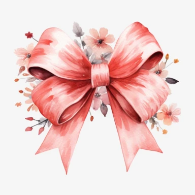 Generate clipart of a watercolor-style gift bow, little flowers around, in pastel red light tones, high detail, 8k, white background, clipart