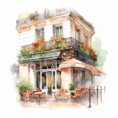 watercolor Spring Coffee shop clipart, romantic french cafe illustration, A sharp photograph of an expensive, on white background