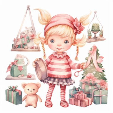 Cute christmas elf toy workshop pink watercolor clipart