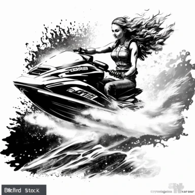black and white clipart of a jet ski flying through the air with a woman driver
