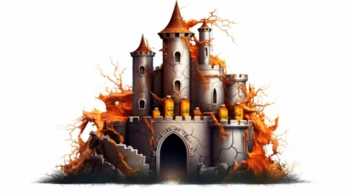 halloween fanta brand theme, isolated images, illustrations on a white background, full body heavy armored very big castle walls exterior, the Fanta bottle integrated in the the abstract castle, serene, dark fantasy ,Clipart, cartoon, realistic, isolated, full building, isolated on a white background