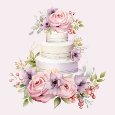wedding cake, wedding decor, flowers, cliparts, pastel colors, watercolor style, no background