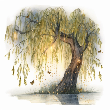 watercolor, hyper realistic, white background, white margins, 16k, ultra detailed clipart, cut out image, hand-drawn illustration style for picture books A group of fireflies flying around a weeping willow tree with golden leaves and a pale pink glow.
