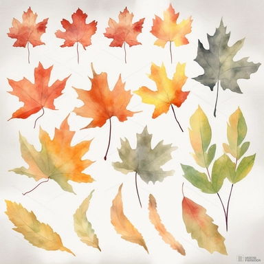 curved branches of leaves clipart, aspen leaf, maple leaf, oak leaf, cool color palette, hand-painted watercolor style