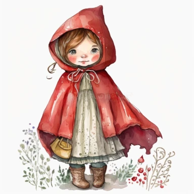 little red riding hood character, children' story book style, beatrix potter style, watercolor, white background, clipart
