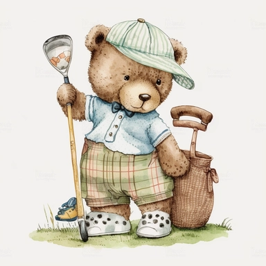 cute Teddy Bear playing golf and wearing vintage golf summer clothes Illustration, Sublimation graphics, by Beatrix Potter, Watercolor clipart, single design, white background