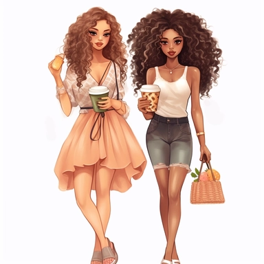 summer, african american best friends, long curly hair clipart girlfriends, full body, fashion, pretty face. holding Chanel purse, and one Starbucks coffee, illustration