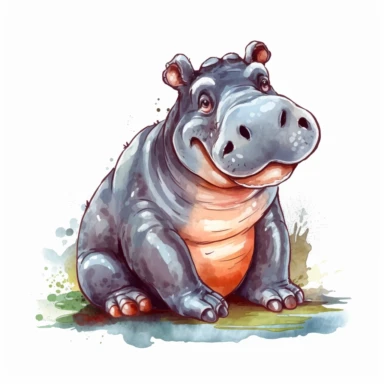 cute Hippopotamus Clipart sitting and smiling in the style of oil painting, on a white background
