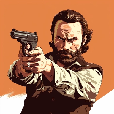 flat vector clipart of rick grimes from the walking dead pointing a gun at the camera