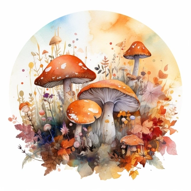 In this watercolor illustration, a mystical mushroom takes center stage, painted with vibrant hues and surrounded by delicate flowers and lush plants. The clipart design captures a magical scene, where fairies flit about in the air, their ethereal forms highlighted against a watercolor backdrop. The white background provides a stark contrast to the dominant autumn orange and browns color scheme, enhancing the enchanting atmosphere of the artwork. The intricate details of the flora and the playfu
