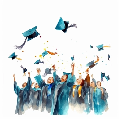 watercolor style, Graduation hat toss: Clipart showing a group of graduates throwing their caps in the air, celebrating the completion of their studies. clearly visible faces of participants. clipart, isolated on white background, 4K
