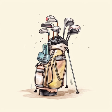 Full front view of standing golf bag with golf clubs sticking out of the back CLIPART, ink and very light gouache clean, watercolor sketchcamping icon, hand drawn pastel art cartoon art style, pastel colors, outline of icon is 8px, pastel color background