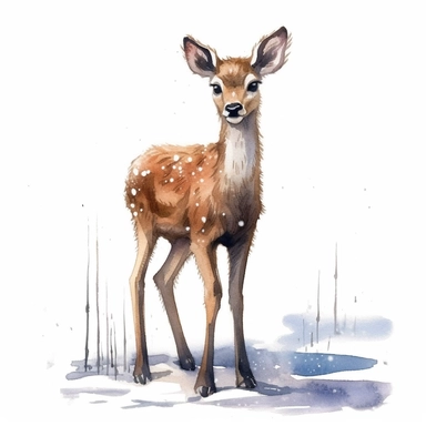 an adorable Deer standing on snow in the style of watercolour clipart with detailed brush strokes