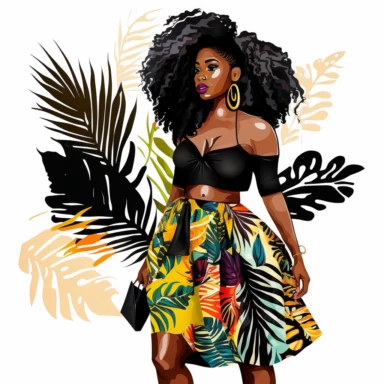 stunningly beautiful full body afican american woman clipart with voluminous big goddess loc of hair wearing a fashion nova outfit??, fashionable, isolated design, clipart image inspired by Hui Mu