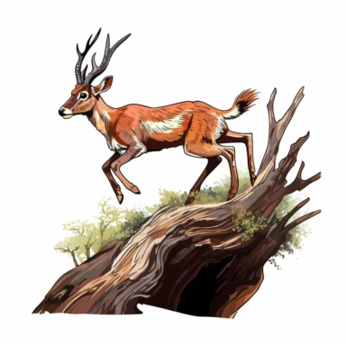 Bushbuck, leaping over a fallen tree, vibrant colors, clipart, on a white background.
