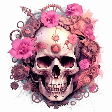 Pink Steampunk Skull Flower Sublimation Girl Clipart ,Cartoon,hyper realistic, intricate detail, illustration style,high solution,on the white background