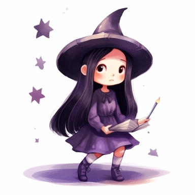 Mona the little witch, a little witch character, reading a witch's grimoire, watercolor children's book illustration style clipart, simple, cute, full colour, purple witch hat, dark purplish hooded dress, black shoes, dark purplish clothes, long black hair, flat colour,