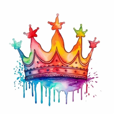 pride, rainbowcore, watercolor tattoo design of a crown color art watercolor drip in transparent overlay, in the style of vibrant spectrum colors, white background, color gradients, chalk art, whimsical yet eerie animal symbolism, vibrant murals, hand-coloring watercolor clipart, white background