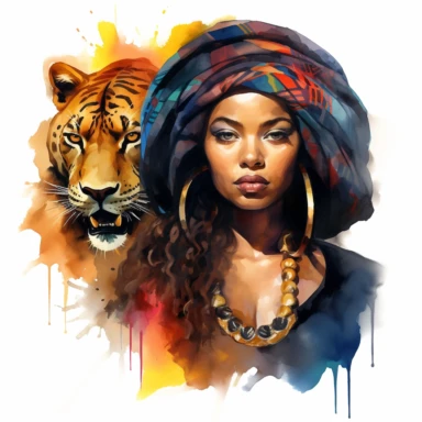 african queen next to black panther, clipart, png style, coloful, white background, watercolor