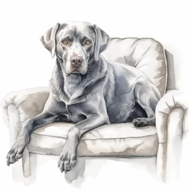 Hand drawn silver Labrador, on the couch, very detailed and realistic, watercolor, white background with margins, clipart style