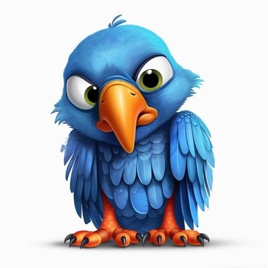 a cartoon like blue parrot with an orange beak, full body, full of blue feathers, depressed, crying, sad, children book style illustration, clipart style, HD, highly detailed, no watermark –ar 3:2