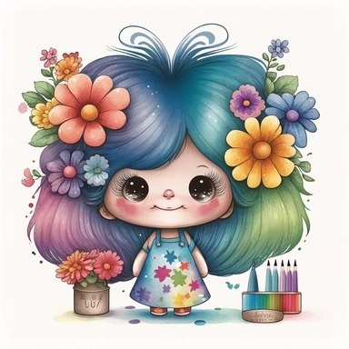 watercolour cute hairdresser style rainbow little troll girl, hairdresser, hairstylist troll character, holding scissors, hair brush, hairdryer, whimsical, adorable, cute, flowers, full image, big cute adorable eyes, Clipart style, white background