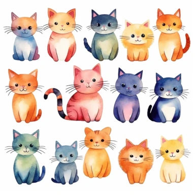 Bring a touch of humor and whimsy to your artwork with a watercolor clipart featuring funny cats. Create a collection of adorable and lighthearted cat illustrations that will bring smiles to people's faces. Each clipart should showcase a playful and comical cat in various amusing scenarios. Let your watercolor technique capture the charming and expressive nature of the cats, highlighting their quirky personalities and mischievous antics. Embrace vibrant colors and loose brushstrokes to infuse th