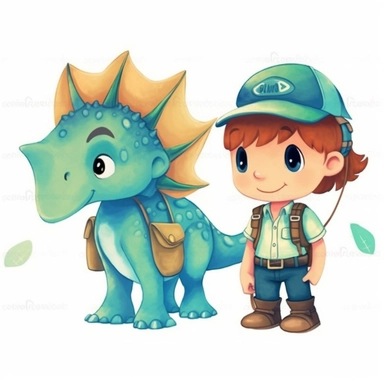 jurassic park boy and girl explorer on isolate white background, simple design, illustration, flat colors, simple lines, graphic novel style, 2d painting, watercolor painting style, trending on art station, digital art, childrens character design, happy mood, watercolor, pixar style cartoon, without line work, minimalist, clipart