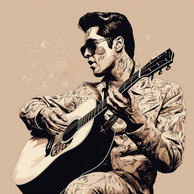 portrait view, full view, beautiful image of Elvis Presley with guitar and microphone, romantic, fantasy, sharp focus, high detail, 8k, illustration clipart style, transparent background, (--iw 10)