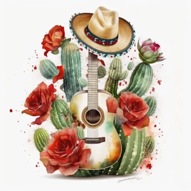clipart, Rose Cactus, Guitar, Mexican Sombrero, White background, Sublimation Design