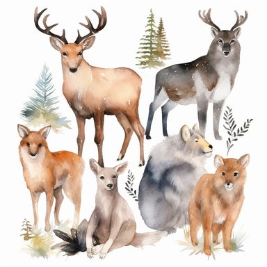 watercolor forest animals including Coyote, Elk, Gray squirrel, Lynx, and Muskrat, Watercolor clipart on white background, single design