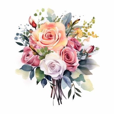watercolor painted bouquet of mixed colored roses clipart, Flower Border clipart, Minimalist Flower Bouquet clipart, mixed colored roses Clipart roses painting formal glamour elegant style wedding floral bouquet, wedding clipart include babys breath flowers in the bouquet 4