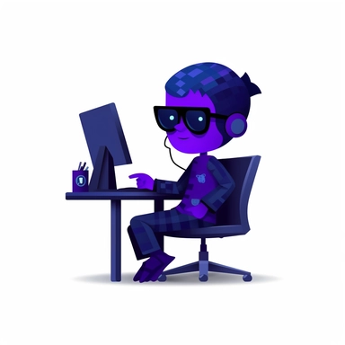 a coder sitting on desk simple clipart ,dark blue, black, dark purple, figma style
