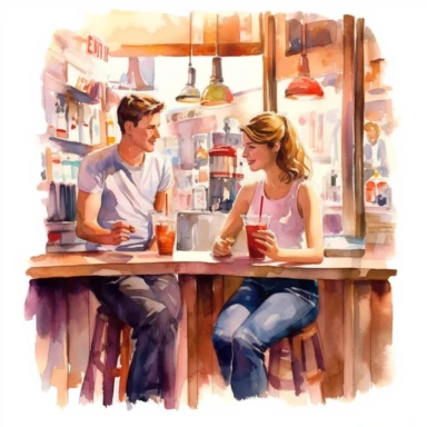 A charming scene depicting a soda fountain in an old-fashioned place. A young couple enjoys refreshing beverages with long straws, american style, watercolor, clipart