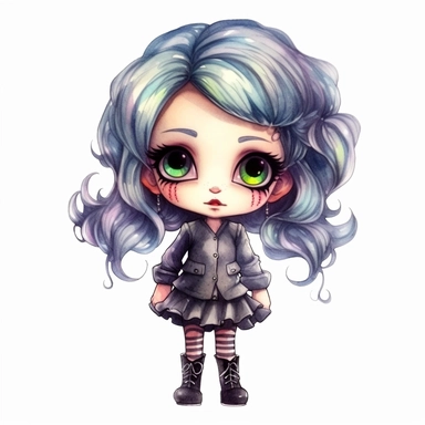 cute Monster High Chibi style girl, Halloween style, white background,clipart watercolor illustration, single object, high definition, white background for removing background