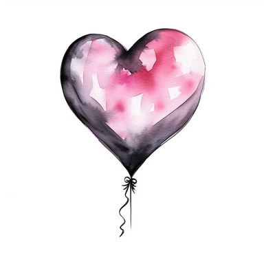 Watercolor pink and black birthday heart shape balloon drawing, illustration clipart, high detailed, white background, digital art