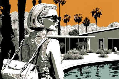 letraset clipart of a the backside of beautiful wealthy elegant 45 year old woman standing with her back to us, holding designer purse in front of a midcentury brutalist house swimming pool in palm springs, 1960's, happy, friendly, sunglasses, washingtonia palms, low camera angle, pool
