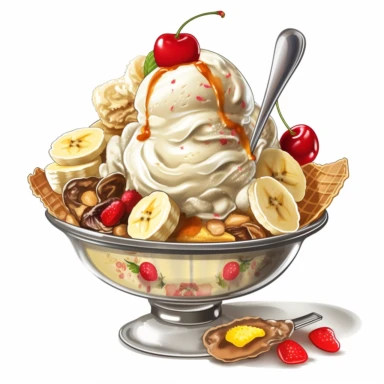 clipart banana split with lots of scoops of ice cream nuts, toppings