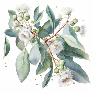 watercolor clipart eucalyptus branche,with green blue foliages,very big white gum blossoms,high resolution,high detailed,no text