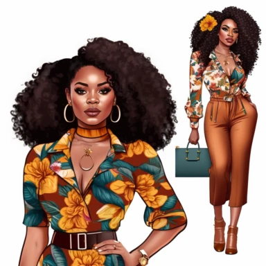 stunningly beautiful full body afican american woman clipart with voluminous curly hair wearing a fashion nova outfit??, fashionable, isolated design, clipart image inspired by Hui Mu